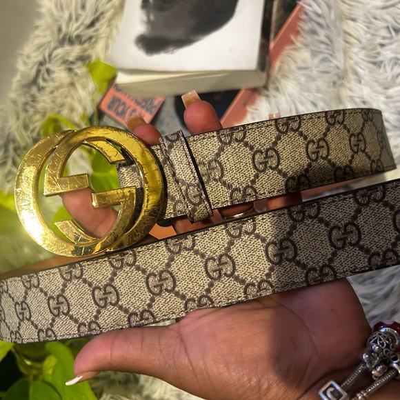Gucci Monogram Beige and Gold Belt - Picture 1 of 9
